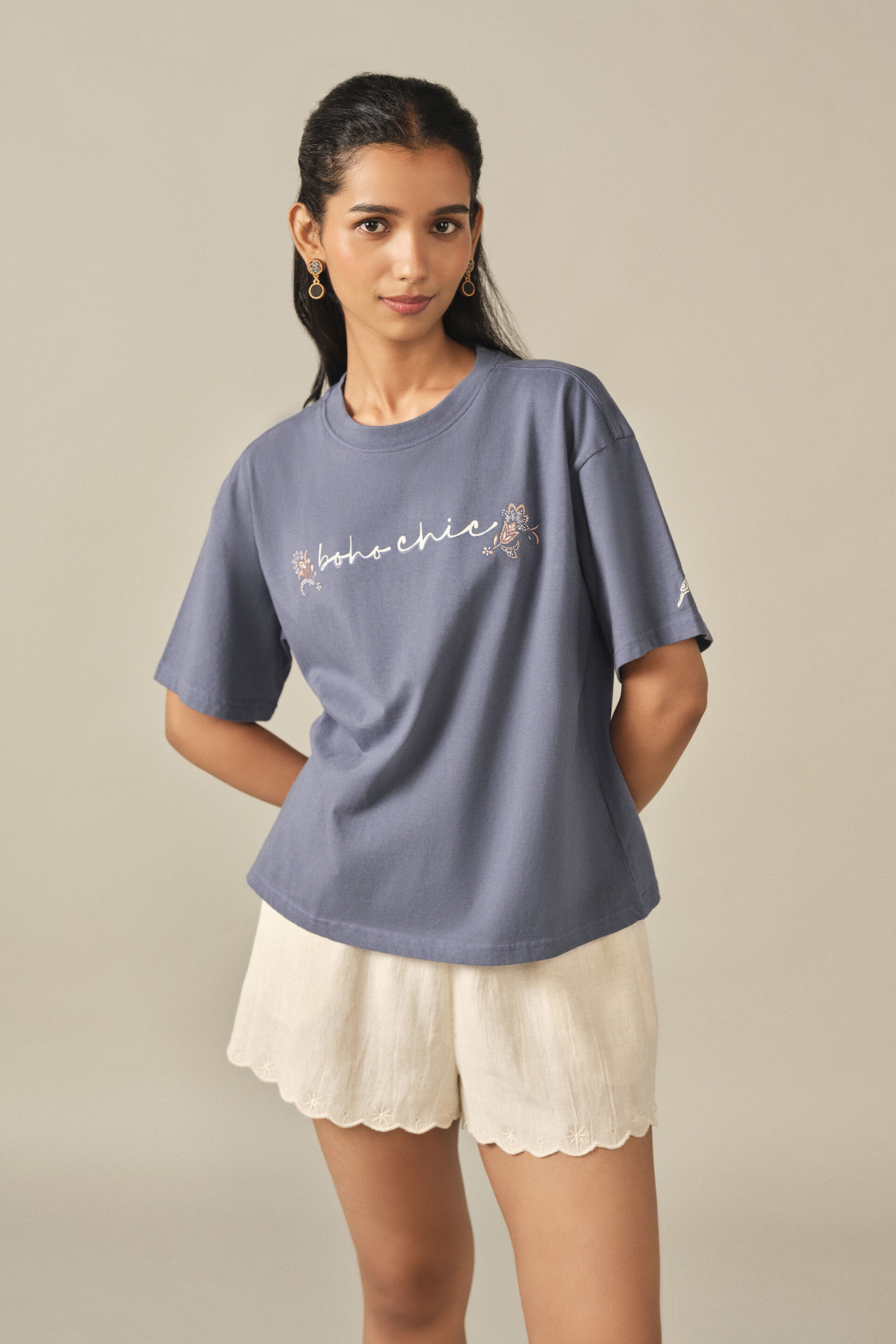 Printed Cotton T-shirt in Blue